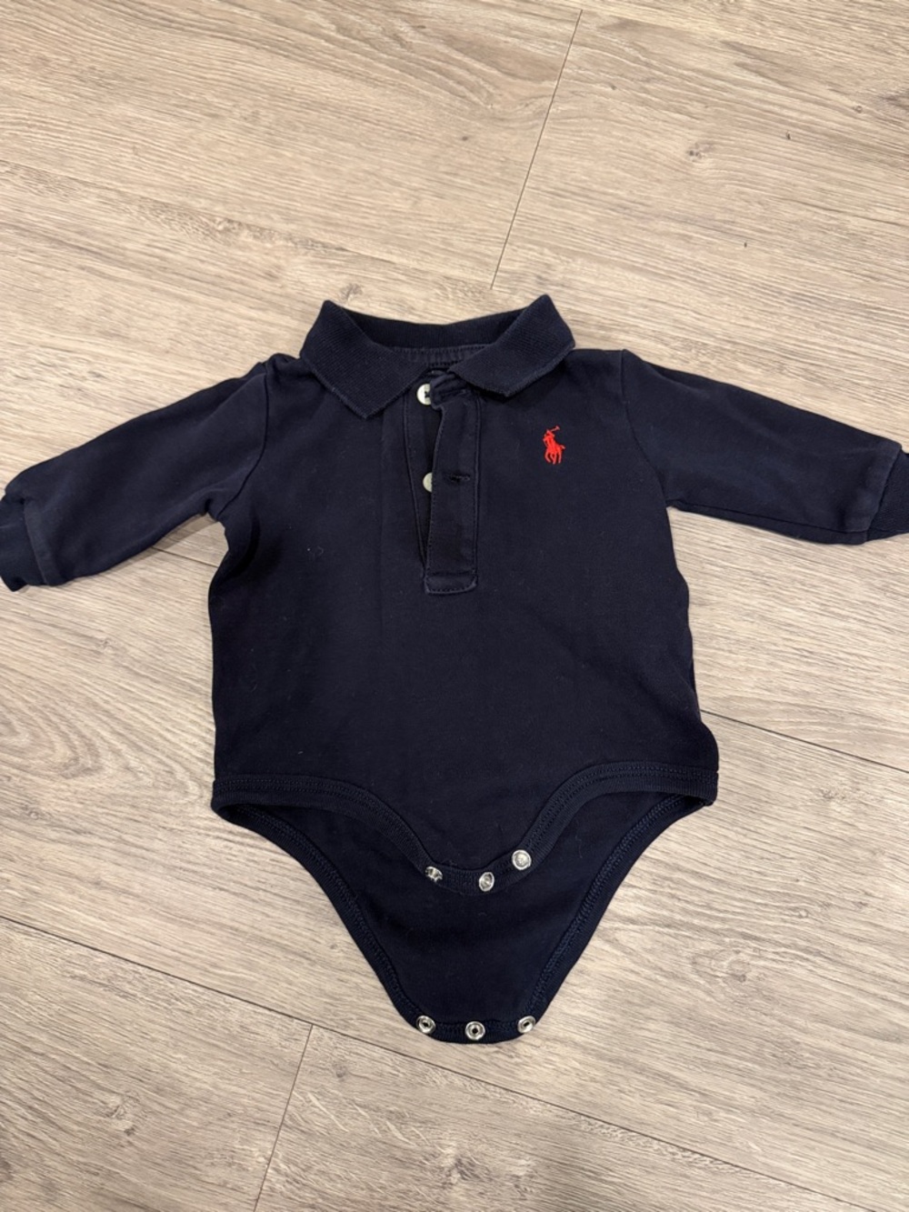 Ralph Lauren Navy Long-Sleeve Polo Onesie with Red Pony